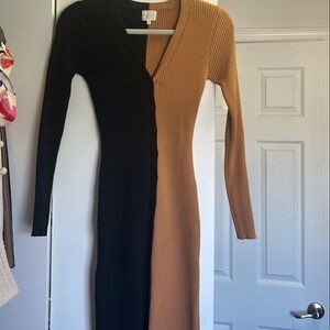 Black and Brown Ribbed Long Sleeve Sheath Dress for Night Out